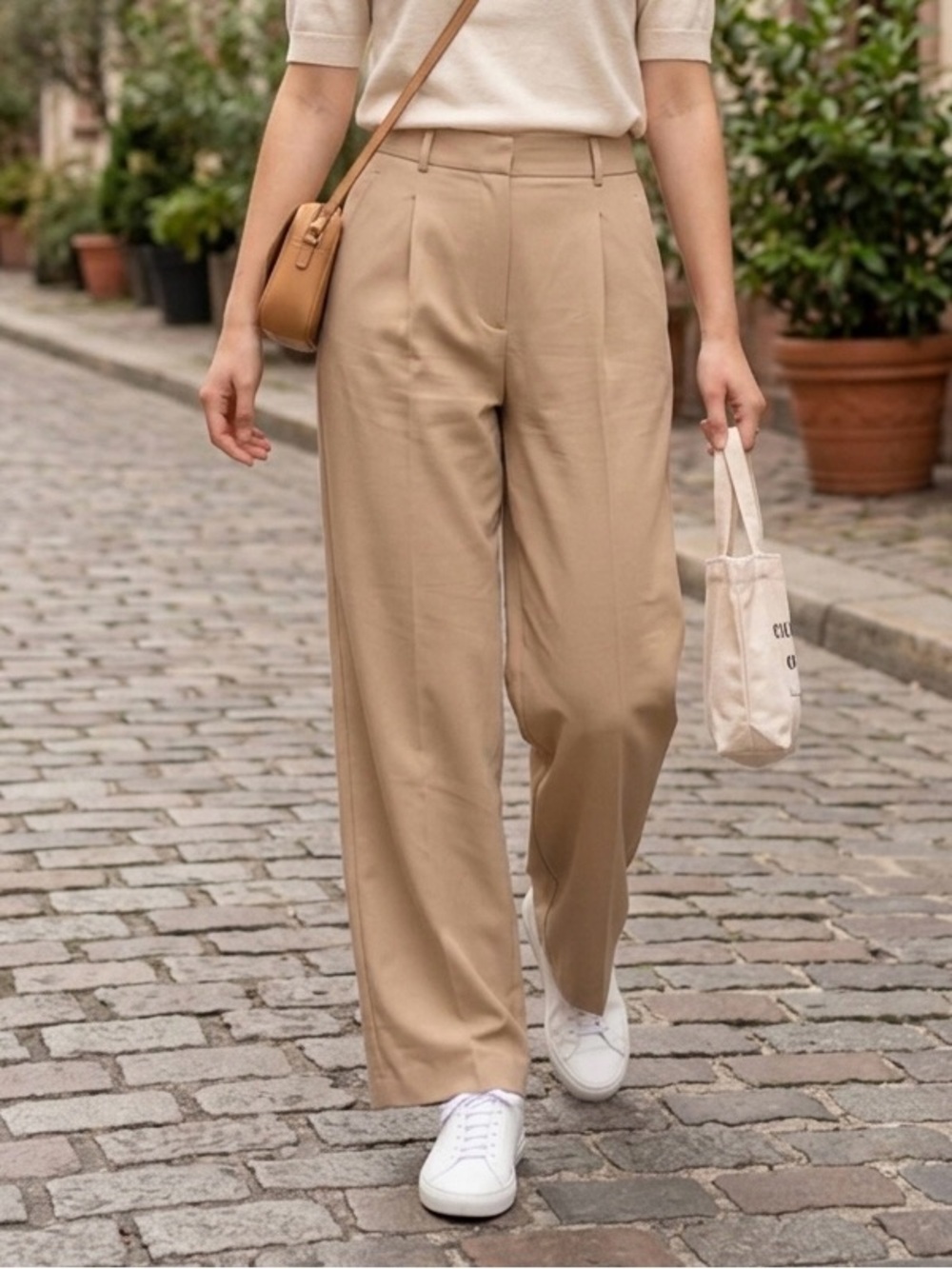 Zara Trouser Pants High Waist Wide Leg Beige Size M